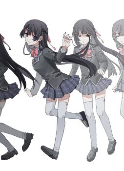 1girl black_footwear black_hair black_jacket blazer blue_eyes blue_skirt bow bowtie closed_eyes collared_shirt commentary floating_hair hair_ornament hair_ribbon hairclip half-closed_eyes half_updo highres jacket kasou_(roomno404_) loafers looking_at_viewer multiple_views nijisanji pink_bow pink_bowtie pink_ribbon plaid_clothes plaid_skirt pleated_skirt ribbon running school_uniform sequential shirt shoes simple_background skirt smile thighhighs tsukino_mito tsukino_mito_(1st_costume) virtual_youtuber waving white_background white_shirt white_thighhighs