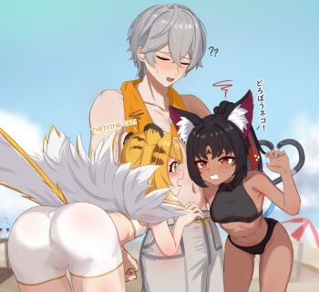 1boy 3girls ? ?? animal_ear_fluff animal_ears armpit_crease armpits ass barcode bare_shoulders beach beach_umbrella bikini black_bikini black_hair blonde_hair blue_sky blush breasts cat_ears cat_girl cat_tail character_request clenched_teeth cloud colored_inner_hair commentary dark-skinned_female dark_skin flat_chest gluteal_fold green_eyes grey_hair grin hand_up highres ju_fufu leaning_forward loli long_hair mockingeu multicolored_hair multiple_girls multiple_tails navel nekomata nekomiya_mana open_mouth parted_lips ponytail red_eyes short_hair sky small_breasts smile swimsuit tail teeth thighs tiger_ears tiger_girl tiger_tail topless_male towel towel_around_neck translation_request umbrella very_long_hair white_bikini white_hair wise_(peaceful_waves)_(zenless_zone_zero) wise_(zenless_zone_zero) zenless_zone_zero