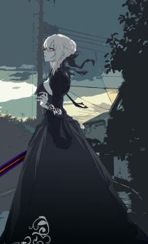 Rule 34 | 1girl, artoria pendragon (fate), black dress, black ribbon, blonde hair, braid, breasts, dress, excalibur morgan (fate), fate/grand order, fate/stay night, fate (series), grey sky, hair bun, hair ribbon, highres, itagaki rihito, juliet sleeves, long hair, long sleeves, medium breasts, orange eyes, puffy sleeves, ribbon, saber alter, saber alter (third ascension), sidelocks, sky, sword, weapon