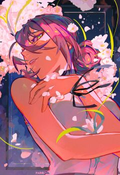 1girl artist_name bare_arms bare_shoulders black_choker black_ribbon breasts chainsaw_man choker crossed_arms falling_petals flower green_eyes hair_between_eyes hair_bun highres looking_at_viewer medium_breasts medium_hair neck_ribbon par0llel parted_lips petals purple_hair reze_(chainsaw_man) ribbon shirt sleeveless sleeveless_turtleneck smile solo turtleneck updo upper_body white_flower white_shirt