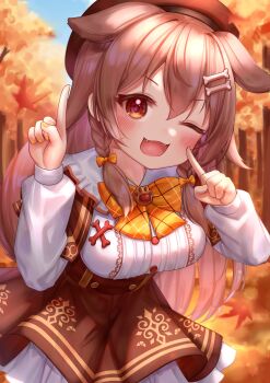 1girl ;d absurdres animal_ears autumn autumn_leaves bad_id bad_twitter_id beret blush bone_hair_ornament bow bowtie breasts brown_hair brown_skirt cartoon_bone commentary_request deaver dog_ears dog_girl dog_tail fangs fingernails hair_bow hair_ornament hat highres hololive index_finger_raised inugami_korone inugami_korone_(street) large_breasts leaf long_hair looking_at_viewer nail_polish one_eye_closed open_mouth orange_bow orange_bowtie red_hat shirt skirt smile solo tail twitter_username virtual_youtuber white_shirt yellow_nails