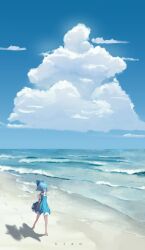 Rule 34 | 1girl, arm at side, artist name, bare legs, barefoot, beach, blue bow, blue dress, blue eyes, blue hair, blue sky, bow, cirno, closed mouth, cloud, collared shirt, commentary, cumulonimbus cloud, dark-skinned female, dark skin, day, dress, english commentary, hair bow, highres, ice, ice wings, looking afar, ocean, outdoors, profile, scenery, shaoviie, shirt, short dress, short hair, short sleeves, sky, sleeveless, sleeveless dress, solo, standing, summer, tan, tanned cirno, touhou, waves, white shirt, wide shot, wings