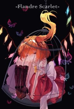 1girl birdcage black_background blonde_hair boots brown_boots bug butterfly cage character_name closed_eyes commentary_request crystal_wings flandre_scarlet full_body high_side_ponytail in_cage insect long_hair multicolored_wings no_headwear open_mouth puffy_short_sleeves puffy_sleeves purple_butterfly red_skirt shinjitsu_no_kuchi shirt short_sleeves sitting skirt solo touhou white_shirt wings