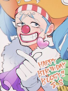 1boy abunaideka ascot beard_stubble blue_eyes blush buggy_the_clown commentary dated facial_hair gloves happy_birthday hat heart heart_hands highres looking_at_viewer makeup male_focus one_piece pirate_hat purple_ascot red_nose sideburns solo stubble upper_body white_gloves