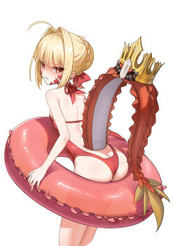 1girl absurdres ahoge ass back bare_legs bare_shoulders bird blonde_hair blush braid breasts butt_crack chinese_commentary commentary_request cowboy_shot crow crown_braid dragon_girl dragon_tail fate/grand_order fate_(series) from_side hair_intakes highres holding holding_swim_ring innertube legs nero_claudius_(fate) one-piece_swimsuit queen_draco_(fate) red_one-piece_swimsuit shenqi_xiao_hong_zai_nali small_breasts solo swim_ring swimsuit tail