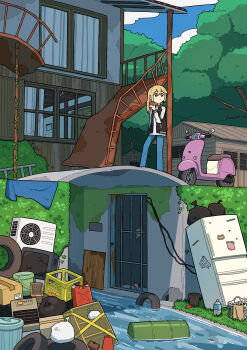 Rule 34 | 1girl, abandoned, absurdres, awning, barrel, blonde hair, blue pants, box, bridge, broken window, bucket, building, cardboard box, cellphone, cheribon, corrugated galvanized iron sheet, crt, day, door, gas can, grass, highres, holding, holding phone, jacket, motor vehicle, mouse (animal), original, outdoors, pants, phone, plant, plastic bottle, refrigerator, scenery, scooter, smartphone, solo, television, trash bag, trash can, tree, vines, walking, water, wide shot