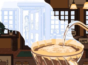 1boy air_conditioner brick_floor cafe ceiling_light close-up coffee coffee_filter commentary door doorbell food_focus highres holding holding_umbrella indoors kettle menu mizukawa_masaya open_door original plant potted_plant pour-over_coffee pouring scarf slice_of_life snow steam umbrella umbrella_stand wooden_floor