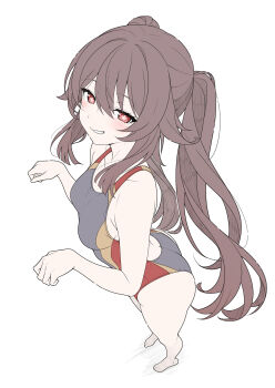 1girl alternate_costume black_one-piece_swimsuit blush breasts brown_hair commentary english_commentary flower-shaped_pupils from_above genshin_impact ghost_pose grin highres hu_tao_(genshin_impact) looking_at_viewer medium_breasts one-piece_swimsuit red_eyes simple_background smile solo swimsuit symbol-shaped_pupils t1kosewad twintails white_background