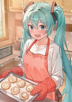 1girl :d amayomiyu animal_print apron baking_sheet bird blue_eyes blue_hair blush brown_skirt cabinet cat clock commentary_request cookie cowboy_shot dog dot_nose double-parted_bangs food food_on_face giraffe hair_between_eyes hair_intakes hatsune_miku holding holding_tray indoors kitchen light_particles long_hair long_sleeves looking_at_viewer miniskirt mittens monkey open_mouth pleated_skirt rabbit red_apron red_mittens red_ribbon ribbon ribbon-trimmed_apron ribbon_trim shirt sidelocks skirt smile solo spoon sweatdrop tray twintails twitter_username v-neck very_long_hair vocaloid wavy_mouth white_shirt window