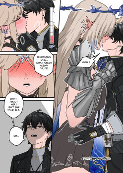 1boy 1girl absurdres armored_gloves artist_name assertive_female black_dress black_gloves black_hair black_jacket blonde_hair blush breasts cartethyia_(wuthering_waves) closed_eyes clothes_grab collar_grab commentary crown_of_thorns dress earrings english_commentary fleurdelys_(wuthering_waves) floating_earrings gloves hair_between_eyes hand_on_own_chin hetero highres jacket jewelry kiss large_breasts long_hair male_rover_(wuthering_waves) multiple_earrings neckwear_grab pointy_ears rezilism rover_(wuthering_waves) sidelocks transformation wuthering_waves yellow_eyes