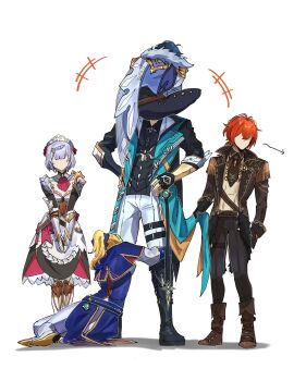 +++ 2girls 3boys armor armored_dress arrow_(symbol) blonde_hair blue_hair boots cicada_hug coat commentary_request diluc_(genshin_impact) dress faceless faceless_female faceless_male full_body fur_collar gauntlets genshin_impact gloves grey_hair hands_on_own_hips head_hug height_difference high_ponytail highres hug jean_(genshin_impact) jean_(gunnhildr&#039;s_legacy)_(genshin_impact) kaeya_(genshin_impact) long_hair multiple_boys multiple_girls noelle_(genshin_impact) pants ponytail red_hair shirt short_hair sitting standing v_arms varka_(genshin_impact) vision_(genshin_impact) yuka_(pixiv38407039)