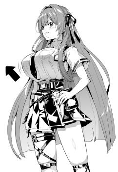 1girl black_ribbon black_skirt blush breast_pocket breasts chaos_zero_nightmare collared_shirt edobox hair_ribbon high-waist_skirt highres large_breasts long_hair looking_at_viewer monochrome pleated_skirt pocket rei_(chaos_zero_nightmare) ribbon shirt shirt_tucked_in short_sleeves sidelocks simple_background skirt smile solo standing thigh_strap white_background white_shirt