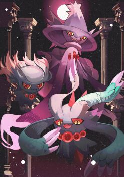 closed_mouth colored_sclera column evolutionary_line fang flutter_mane gen_2_pokemon gen_4_pokemon ghost hat highres looking_at_viewer misdreavus mismagius nintendo no_humans open_mouth pillar pokemon pokemon_(creature) pokemon_focus red_eyes red_sclera reo_(mmocc123) skin_fang smile teeth witch_hat yellow_eyes yellow_sclera
