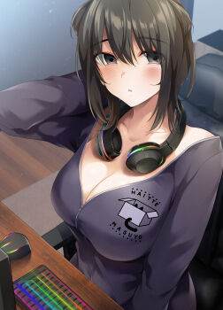 1girl black_eyes black_hair blush breasts cleavage collarbone commentary_request computer_keyboard computer_mouse hair_between_eyes headphones headphones_around_neck highres hood hoodie indoors large_breasts looking_at_viewer medium_hair omura_saki open_mouth print_hoodie purple_hoodie ryouma_(galley) sitting solo wooden_floor yumeochi_-_yume_de_bokura_wa_koi_ni_ochiru