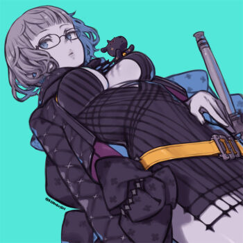 1girl baby_animal belt black_dress black_jacket blue_eyes breasts cleavage cropped_jacket dress fate/grand_order fate_(series) glasses grey_hair jacket jacques_de_molay_(foreigner)_(fate) jacques_de_molay_(foreigner)_(second_ascension)_(fate) kuroboshi_kouhaku lamb large_breasts long_sleeves looking_at_viewer open_clothes open_jacket sheep short_dress short_hair thighs