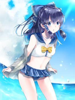 1girl alternate_costume bikini bikini_skirt black_hair blue_bikini blue_bow blue_eyes blue_sailor_collar blue_sky bow cloud commentary_request crop_top day frilled_bow frilled_hair_tubes frills green_jacket hair_bow hair_tubes hakurei_reimu highres jacket long_hair looking_at_viewer minatsuki_yurara navel open_clothes open_jacket open_mouth sailor_collar sky solo stomach swimsuit touhou water water_drop