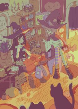 2girls alien_stage alternate_costume asymmetrical_legwear black_cape black_cat black_hair black_hat broom broom_riding cape cat coldmeow commentary english_commentary gloves hat highres mismatched_legwear mizi_(alien_stage) multiple_girls pantyhose pink_hair pumpkin sitting striped_clothes striped_pantyhose sua_(alien_stage) white_gloves witch witch_hat