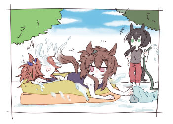 Rule 34 | +++, 3girls, animal ears, bare arms, bare shoulders, barefoot, beer hsk, black hair, blue one-piece swimsuit, blue sky, braid, brown hair, cloud, commentary request, crown braid, day, green eyes, grey shirt, hair between eyes, holding, horse ears, horse girl, horse tail, hose, kin'iro ryotei (umamusume), low ponytail, multiple girls, nakayama festa (umamusume), one-piece swimsuit, orfevre (old design) (umamusume), outdoors, pants, pink eyes, ponytail, red pants, shirt, sky, sleeves pushed up, splashing, standing, swimsuit, tail, towel, umamusume, wading pool