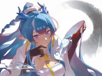 1girl arknights black_gloves blue_eyes blue_hair bolo_tie breasts coat commentary_request dragon_girl dragon_horn dragon_tail dress earrings gloves grin highres jewelry ling_(arknights) pointy_ears shaokao_lajitong smile solo spilling tail teeth upper_body white_background white_coat white_dress