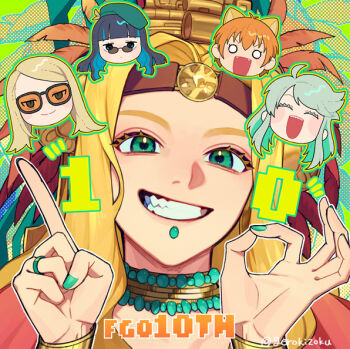 aztec blue-tinted_eyewear bracer chin_piercing colored_inner_hair eyeliner face_piercing fate/grand_order fate_(series) gerokizoku green_hat green_nails hat jaguar jaguarman_(fate) kukulkan_(fate) looking_over_eyewear makeup multicolored_hair orange-tinted_eyewear piercing poncho quetzalcoatl_(fate) tenochtitlan_(fate) tezcatlipoca_(fate) tinted_eyewear