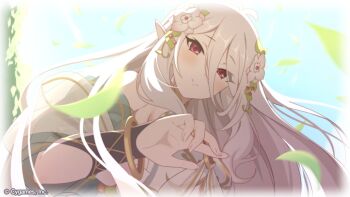 1girl ahoge blue_sky commentary_request cygames floating_hair flower hair_between_eyes hair_flower hair_ornament highres kokkoro_(princess_connect!) kokkoro_(young_guide)_(princess_connect!) leaf light_smile long_hair mother's_day official_art pointy_ears princess_connect! red_eyes second-party_source sky solo upper_body very_long_hair white_hair