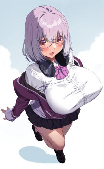 1girl :d absurdres akihiro0920 black_skirt blue_sky blush breasts brown_eyes cardigan cleavage commentary_request commission full_body glasses gridman_universe gridman_universe_(movie) headphones headphones_around_neck highres huge_breasts loafers long_sleeves looking_at_viewer medium_hair open_mouth pixiv_commission pleated_skirt purple_cardigan purple_hair shinjou_akane shirt shoes skirt sky smile solo ssss.gridman standing white_background white_shirt