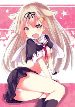 1girl blonde_hair breasts clothes_lift fang fingerless_gloves flower gloves hair_flower hair_ornament hair_ribbon hairclip highres hizaka kantai_collection long_hair looking_at_viewer medium_breasts navel nipples no_bra open_mouth panties red_eyes ribbon scar shirt_lift skirt smile solo star_(symbol) underwear white_panties yuudachi_(kancolle) yuudachi_kai_ni_(kancolle)