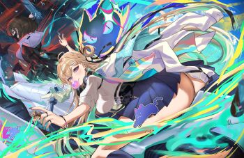 2girls absurdres ahoge aqua_necktie ass black_gloves black_mask black_skirt blonde_hair blowing_bubble_gum braid braided_bangs cat character_request chewing_gum coco_sakeko commentary_request earrings from_behind gloves graffiti hair_ornament headphones headphones_around_neck highres holding holding_spray_can jewelry looking_back lynae_(wuthering_waves) mask mouth_mask multiple_girls necktie partially_fingerless_gloves pleated_skirt purple_eyes shirt skirt skull_hair_ornament spray_can star_(symbol) star_earrings white_shirt wuthering_waves