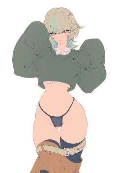 Rule 34 | 1girl, belt, black panties, black thighhighs, blinky (pac-man), blonde hair, blue hair, breasts, brown belt, closed mouth, clothes pull, clyde (pac-man), collared shirt, colored inner hair, cowboy shot, crescent, crescent hair ornament, cropped shirt, cropped sweater, elliemaplefox, eyelashes, gluteal fold, green hair, green streaks, green sweater, groin, hair ornament, hair over eyes, hands up, highres, lips, looking at viewer, medium breasts, medium hair, multicolored hair, navel, no pupils, orange skirt, original, pac-man, pac-man (game), panties, paw pose, pinky (pac-man), safety pin hair ornament, shirt, skindentation, skirt, skirt pull, sleeves past fingers, sleeves past wrists, solo, standing, star (symbol), star hair ornament, stomach, sweater, thick thighs, thighhighs, thighs, underwear