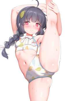 1girl ahoge armpits bare_shoulders bikini black_hair blue_archive blush braid breasts halo highres leaf leaf_on_head leaf_print long_hair looking_at_viewer low_twin_braids miyu_(blue_archive) miyu_(swimsuit)_(blue_archive) navel red_eyes sidelocks small_breasts solo split standing standing_on_one_leg standing_split swimsuit thighs twin_braids white_bikini zirba