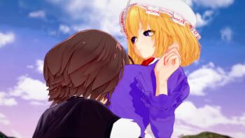 Rule 34 | 2girls, 3d, animated, between breasts, breast smother, breasts, brown hair, closed mouth, cloud, cloudy sky, day, expressionless, face to breasts, hair between eyes, hands up, hat, head between breasts, hug, koikatsu (medium), large breasts, leinnk4, long sleeves, looking at another, looking down, looking to the side, maribel hearn, mob cap, mountain, multiple girls, nose, outdoors, purple eyes, short hair, sky, touhou, unworn hat, unworn headwear, usami renko, video, yuri