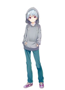 1girl full_body girlfriend_(kari) green_pants green_skirt grey_hoodie hands_in_pockets hood hood_up hoodie kimijima_satoru looking_at_viewer official_art pants plaid_clothes plaid_skirt pleated_skirt purple_eyes purple_shoes qp:flapper school_uniform shirt shoes short_hair simple_background skirt sneakers solo standing transparent_background white_hair white_shirt