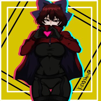 Rule 34 | 1girl, absurdres, alternate costume, black bodysuit, black gloves, bodysuit, bow, breasts, capelet, chromatic aberration, commentary, covered mouth, covered navel, english commentary, gloves, hair bow, half-closed eyes, heart, heart hands, highres, kinoshii-shroom, large breasts, muted color, purple bow, red capelet, red eyes, red hair, ribbon-trimmed bow, ribbon trim, rock 'n' rock 'n' beat, sekibanki, short hair, solo, standing, straight-on, thigh gap, thighhighs, touhou, yellow background, zettai ryouiki, zipper