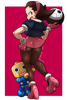 1girl ass brown_hair brown_pantyhose cannonball commentary_request dress earrings from_behind full_body gloves green_eyes hair_slicked_back hairband hiding hiding_behind_another high_heels jacket jewelry looking_at_viewer mega_man_(series) mega_man_legends mega_man_legends_(series) pantyhose pink_dress pink_gloves pink_hairband robot servbot_(mega_man) shiny_forehead short-sleeved_jacket short_sleeves shy sideways_mouth signature simple_background skull_earrings skull_print thong tron_bonne_(mega_man) twitter_username v-shaped_eyebrows zkn