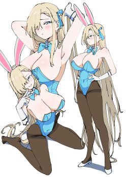 1girl adjusting_hair animal_ears armpits arms_behind_head arms_up asuna_(blue_archive) asuna_(bunny)_(blue_archive) bare_shoulders black_pantyhose blonde_hair blue_archive blue_bow blue_bowtie blue_eyes blue_leotard blue_ribbon blush bow bowtie breasts closed_mouth detached_collar fake_animal_ears from_above full_body gloves hair_over_one_eye hair_ribbon hand_on_own_hip high_heels highres kuro_(toi_et_moi) large_breasts leotard long_hair multiple_views pantyhose pantyhose_under_leotard playboy_bunny rabbit_ears reference_sheet ribbon seiza sideboob simple_background sitting smile strapless thighband_pantyhose v very_long_hair white_background white_gloves