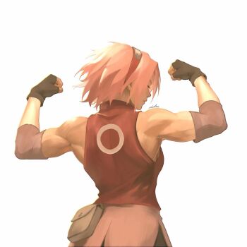 1girl arms_up bad_source biceps black_gloves closed_eyes closed_mouth elbow_pads elbow_sleeve facing_away fingerless_gloves flexing forehead_protector from_behind gloves hairband haruno_sakura highres konohagakure_symbol muscular muscular_female naruto_(series) naruto_shippuuden ninja pink_hair red_hairband short_hair simple_background upper_body white_background