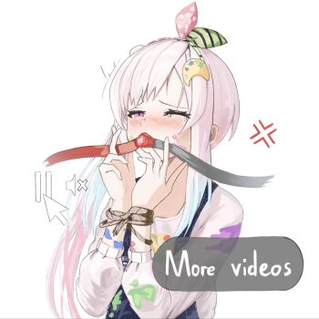 Rule 34 | 1girl, aikofuyumiarts, airani iofifteen, ball gag, ball gag progress bar (meme), blue hair, blue overalls, blush, bow hairband, breasts, breath, gag, gradient hair, green hairband, hairband, highres, hololive, hololive indonesia, large breasts, long hair, long sidelocks, meme, multicolored hair, multicolored hairband, one eye closed, overalls, paint on body, palette hair ornament, pink hair, pink hairband, purple eyes, recording, side ponytail, sidelocks, simple background, solo, sweater, two-tone hairband, virtual youtuber, white sweater