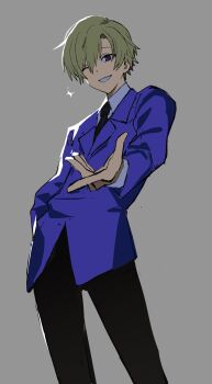 Rule 34 | 1boy, betti (xx betti), black necktie, black pants, blonde hair, collared shirt, cowboy shot, grey background, grey eyes, hair between eyes, hand in pocket, highres, jacket, male focus, necktie, one eye closed, ouran high school host club, ouran high school uniform, outstretched hand, pants, parted lips, purple jacket, school uniform, shirt, short hair, sketch, smile, solo, sparkle, suit jacket, suou tamaki, teeth