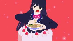 1girl 3d ai_drawing_anime_characters_eating_ramen_(meme) animated black_eyes blue_hair bow bowl bowtie cake dithering eating female_focus food fruit hair_ornament hairclip icing jaggy_lines looping_animation meme nijisanji noodles open_mouth pink_bow pink_bowtie ramen retro_artstyle saitei_yasai_corner solo strawberry tsukino_mito video virtual_youtuber
