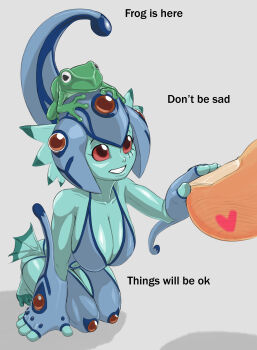 1girl absurdres alternate_breast_size animal anythinggoes arm_support artist_request artist_self-insert ass blush breasts cleavage clothing_cutout colored_skin curvy digimon digimon_frontier english_text fish_girl frog green_skin helmet highres kneeling large_breasts looking_at_another looking_at_viewer meme mini_person minigirl monster_girl navel_cutout o-ring o-ring_swimsuit one-piece_swimsuit parody ranamon red_eyes shiny_skin simple_background size_difference smile swimsuit wide_hips