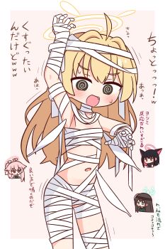 4girls :d @_@ absurdres ahoge airi_(blue_archive) arm_up armpits bandaged_arm bandaged_leg bandages blonde_hair blue_archive blush border breasts brown_eyes chibi chibi_inset closed_mouth commentary_request cowboy_shot fang halo hana_kazari highres kazusa_(blue_archive) long_hair multiple_girls natsu_(blue_archive) navel open_mouth outside_border pink_background simple_background small_breasts smile sweat translation_request white_border yellow_halo yoshimi_(blue_archive) yoshimi_(halloween)_(blue_archive)