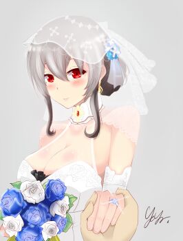 1girl azur_lane bare_shoulders breasts bridal_veil cross dress earrings flower grey_background grey_hair hair_flower hair_ornament hand_grab highres jewelry large_breasts ornate_ring portrait red_eyes ring saint-louis_(azur_lane) see-through_clothes simple_background veil wedding wedding_dress wedding_ring white_dress yeya