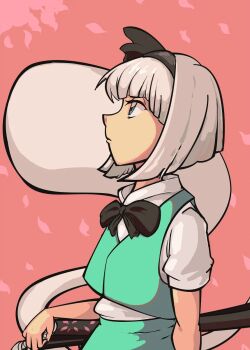Rule 34 | 1girl, bob cut, bow, bowtie, davewaterfalls, grey eyes, hair bow, hairband, katana, konpaku youmu, konpaku youmu (ghost), short hair, solo, sword, touhou, weapon, white hair