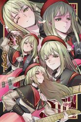 1girl ;) absurdres arrow_(symbol) ascot bang_dream! bang_dream!_it&#039;s_mygo!!!!! beret black_border black_capelet black_skirt black_wrist_cuffs border buttons capelet chinese_commentary closed_mouth colored_shadow commentary_request drop_shadow earrings electric_guitar expressionless floating_hair frilled_capelet frills gold_trim green_brooch green_hair guitar guitar_strap hand_up hat hero45439083942 highres holding holding_guitar holding_instrument holding_plectrum instrument jewelry long_hair long_sleeves looking_ahead looking_at_viewer mirror mortis_(bang_dream!) mortis_(costume)_(bang_dream!) multiple_views music no_mask one_eye_closed playing_instrument plectrum red_background red_capelet red_hat see-through_clothes see-through_sleeves shadow shirt skirt smile sparkle wakaba_mutsumi white_ascot white_shirt white_sleeve_cuffs wrist_cuffs yellow_eyes