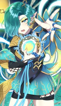 Rule 34 | 1girl, absurdres, black choker, blue dress, blue eyes, blue hair, breasts, choker, cleavage, commentary request, dress, duel monster, elf, elvennotes dyina, fingernails, hair over one eye, highres, jewelry, long hair, long sleeves, looking at viewer, multiple rings, nail polish, open mouth, pinyata (pinyaland), pointy ears, ring, solo, teeth, yellow nails, yu-gi-oh!