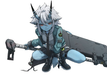 1girl absurdres aqua_jacket black_necktie black_shoes black_skirt blue_horns blue_oni blue_skin closed_mouth colored_skin commentary_request earrings full_body hair_between_eyes hair_between_horns highres holding holding_behind_back holding_sword holding_weapon holding_weapon_behind_back horns jacket jewelry light_smile looking_at_viewer multicolored_horns necktie oni pointy_ears red_eyes regit_etihw shirt shoes short_hair sidelocks simple_background skin-covered_horns skirt solo soukaku_(zenless_zone_zero) squatting sword two-tone_horns weapon white_background white_hair white_shirt zenless_zone_zero