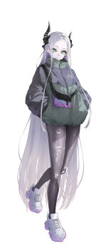 1girl :3 absurdres akiaki_aki alternate_costume asymmetrical_horns black_horns casual commentary_request earrings full_body goddess_of_victory:_nikke green_eyes hands_in_pockets highres horns jacket jewelry leviathan_(nikke) long_hair long_sidelocks multicolored_jacket pantyhose shoes sidelocks sneakers solo sphere_earrings torn_clothes torn_pantyhose two-tone_jacket very_long_hair very_long_sidelocks white_background white_hair