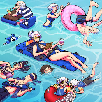 Rule 34 | 3boys, 6+girls, alternate costume, barefoot, bathing, belladonna (persona), bikini, black hair, black male swimwear, black swim trunks, blindfold, blowing bubbles, blue male swimwear, bodysuit, braid, brown hair, caroline (persona 5), collarbone, commentary, crossed legs, cup, dani grew, diving suit, double bun, drink, drinking glass, drinking straw, elizabeth (persona), english commentary, eyepatch, eyeshadow, feet, grin, hair bun, highres, igor (persona), inflatable armbands, innertube, instrument, jack frost (megami tensei), justine (persona 5), keytar, makeup, male swimwear, margaret (persona), marie (persona 4), multicolored hair, multicolored male swimwear, multicolored swimsuit, multiple boys, multiple girls, music, nameless (persona), old-fashioned swimsuit, one-piece swimsuit, partially submerged, persona, persona 1, persona 2, persona 3, persona 4, persona 5, playing instrument, reading, second-party source, shin megami tensei, siblings, singing, smile, soles, streaked hair, striped male swimwear, sunglasses, swim ring, swim trunks, swimming, swimsuit, teeth, theodore (persona), toes, upper teeth only, wetsuit, white hair, white male swimwear, wine glass