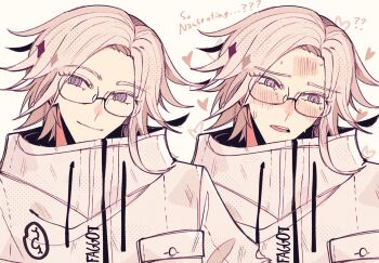 Rule 34 | 1boy, ?, ??, aotsuki eito, blush, commentary, english commentary, english text, forehead blush, glasses, grey hair, heart, high collar, highres, jacket, looking at viewer, looking to the side, male focus, multiple views, nose blush, open mouth, purple eyes, short hair, smile, sweat, takueitaku, the hundred line -last defense academy-