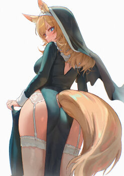 1girl absurdres animal_ear_fluff animal_ears arknights ass black_dress black_veil blonde_hair blue_eyes blush breasts bright_pupils closed_mouth clothing_cutout commentary_request dress film_grain from_behind highres horse_ears horse_girl horse_tail long_hair long_sleeves looking_at_viewer looking_back nun pelvic_curtain request_inset short_eyebrows sideways_glance simple_background solo tail tail_through_clothes thick_eyebrows thighhighs uof veil whislash_(arknights) white_background white_pupils white_thighhighs wide_hips